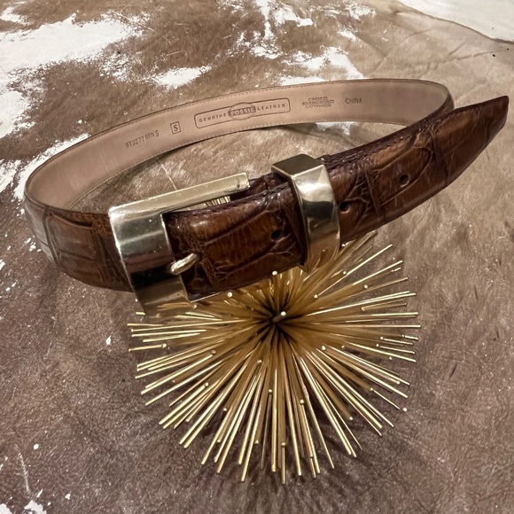 Fossil Leather Embossed Crocodile Belt Caramel Color Cowhide Gold Buckle Small E - Picture 2 of 5